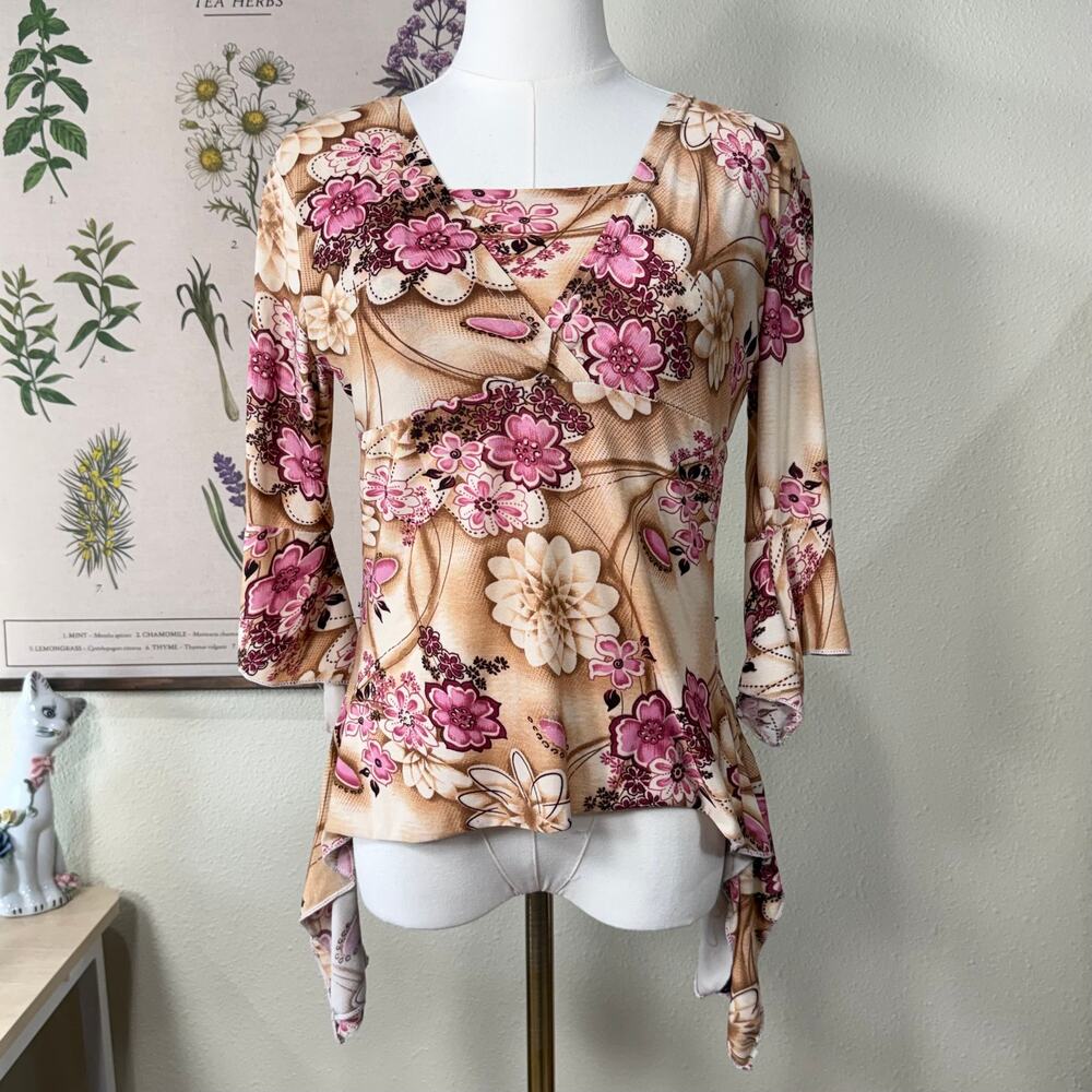 90s Y2k Floral Asymmetric Babydoll Top Forest Fairy Boho Whimsy Romantic S